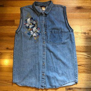 Womens Sunbelt Blue Denim Floral Sleeveess Button-Up Shirt Top XL *